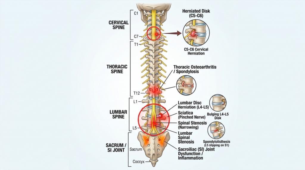 Анатомическая схема позвоночника с выделением проблемных зон