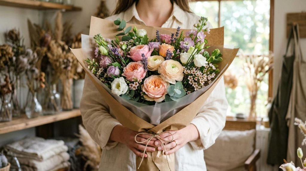 Букет из пастельных роз и ранункулюсов в крафтовой бумаге