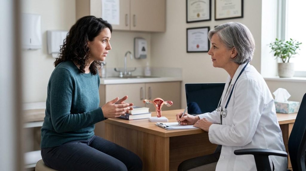 Врач-гинеколог беседует с пациенткой в медицинском кабинете