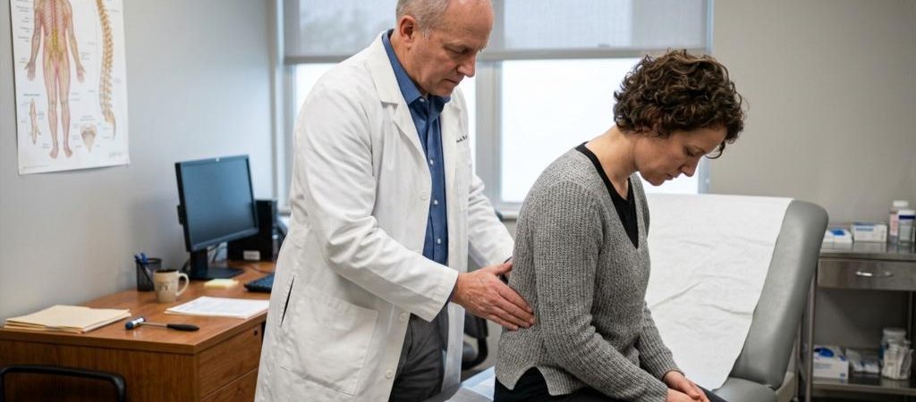 Врач-невролог пальпирует позвоночник пациента на приеме