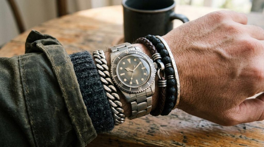 Детальный ракурс сочетания цепи с другими аксессуарами (часы, браслеты) или слоем одежды