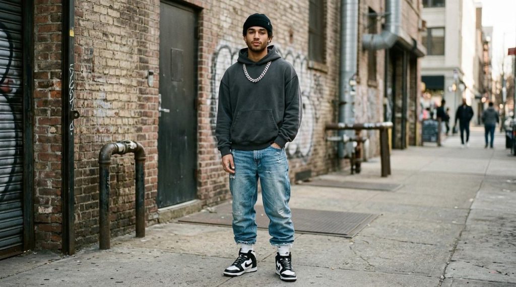 Лукбук-фото мужчины в стиле casual или streetwear с массивной цепью поверх худи