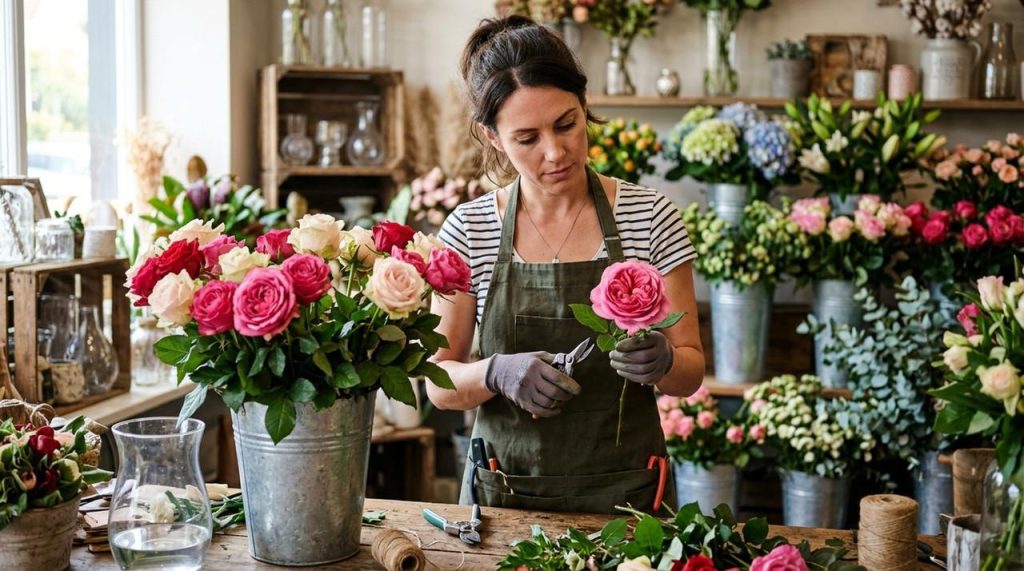 Флорист в зеленом фартуке подрезает розовую розу в мастерской