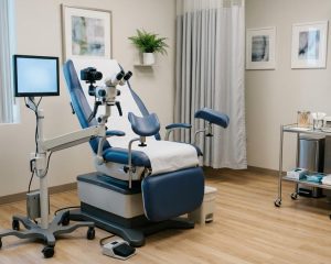 Кабинет гинеколога с креслом, кольпоскопом и медицинским оборудованием