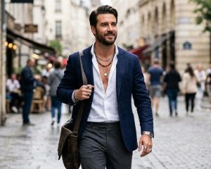 Контрастный образ: деловой стиль (пиджак) с расстегнутой рубашкой и заметным украшением