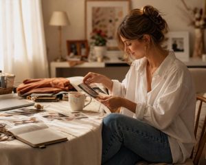 Карточки портфолио стилиста с фото образов до и после на рабочем столе